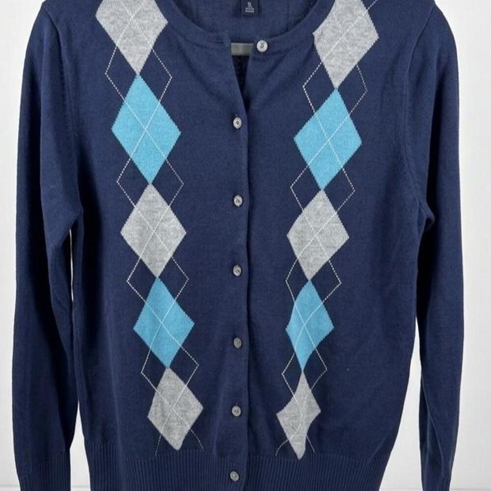 Lands' End Women's Argyle Button Front Cardigan Sweater Navy Blue Size M